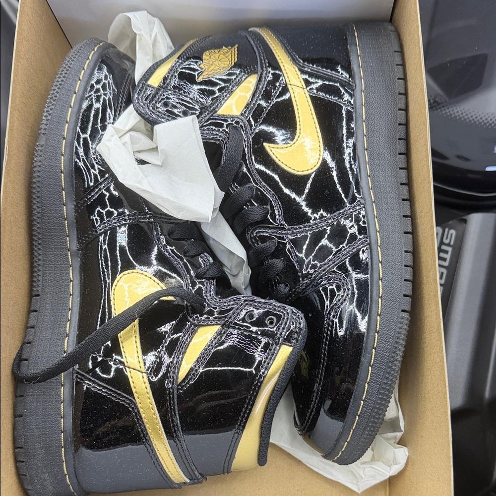 Nike Black Patent High-Top Sneakers with Yellow Accents